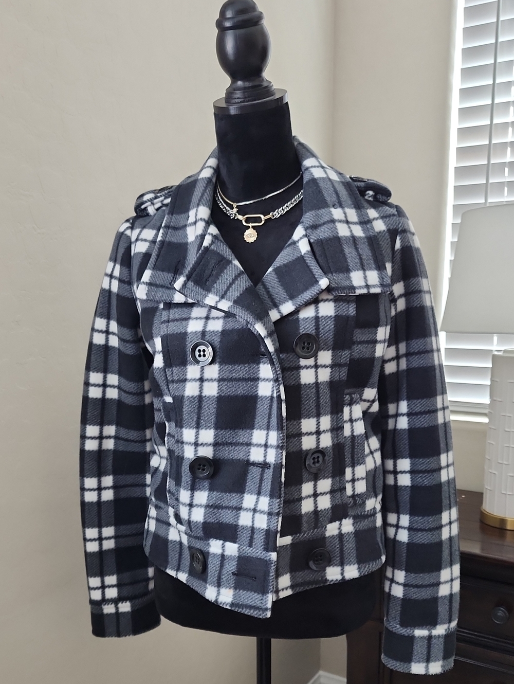BE COOL Black and White Plaid Double-Breasted Peacoat